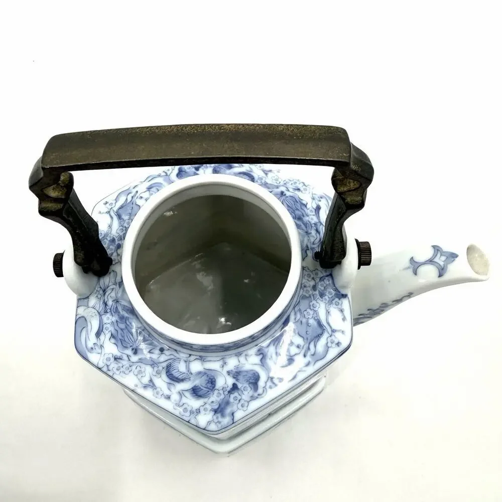 Vintage Dolphin Dynasty Blue Porcelain Hexagonal Teapot Warmer & Brass Handle